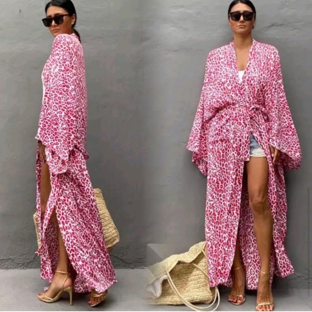 New Leopard Kimono Duster Wrap Jacket Robe Swim Coverup Top with belt